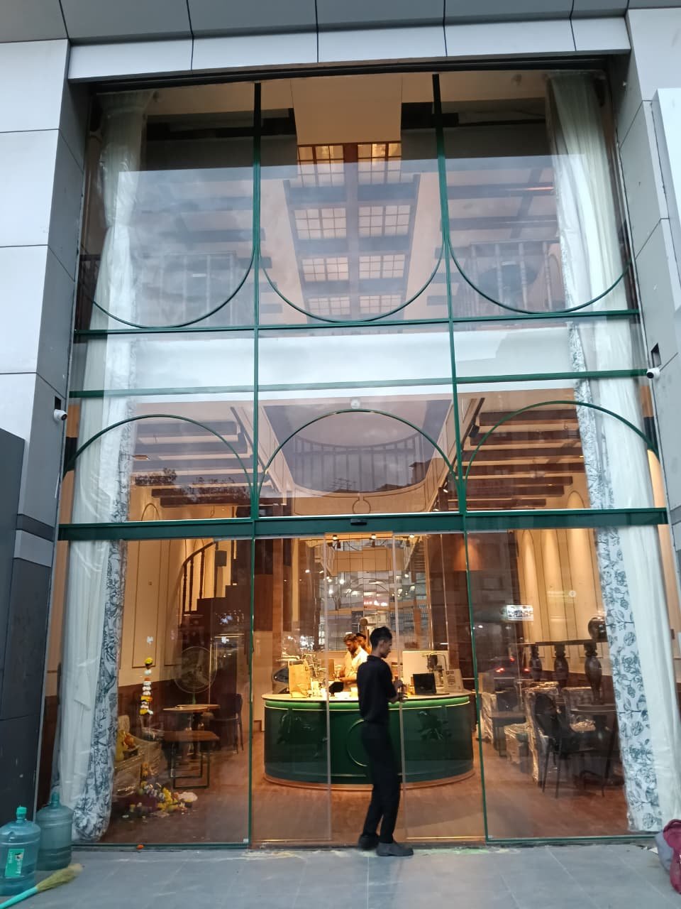 RESTAURANTS , OFFICE 16MM * 45MM OLIVE GREEN FIX AND BEND PROFILE WITH 5MM CLEAR TOUGHENED GLASS