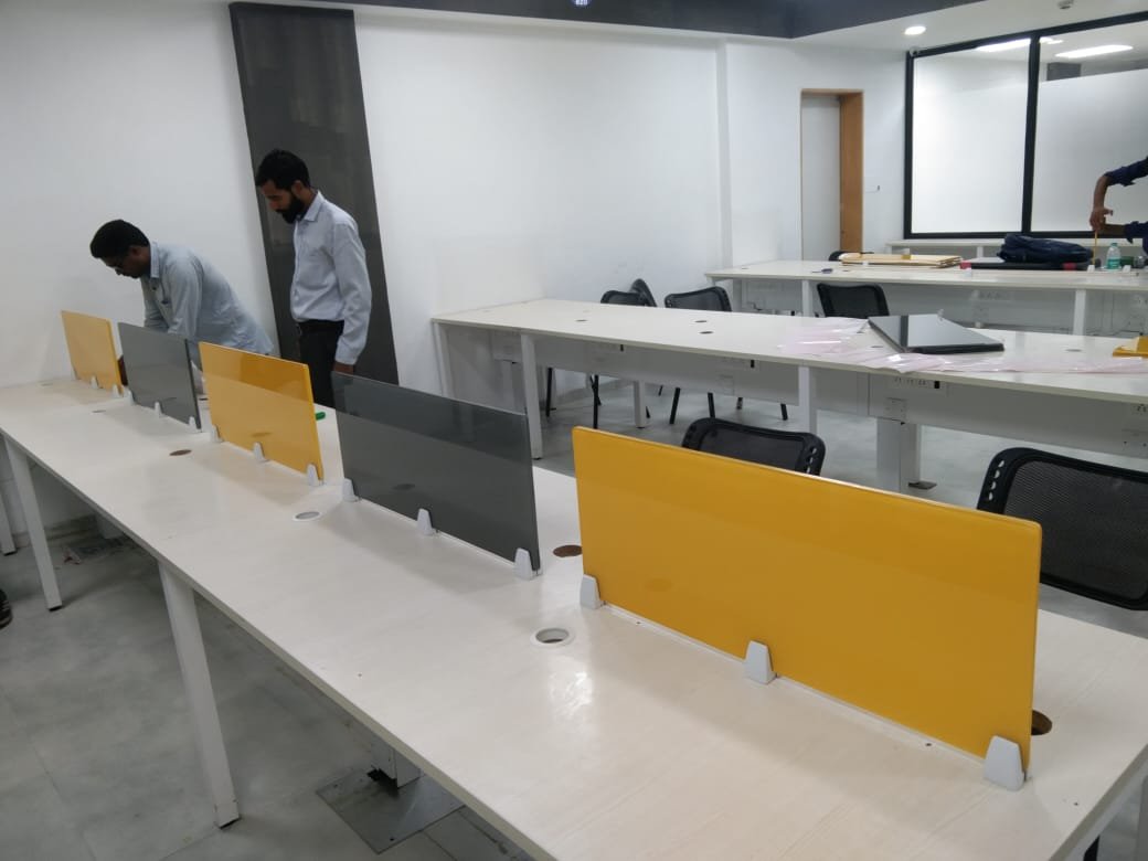 YELLOW AND GREY SANDWICH GLASS MINI OFFICE DESK PARTITIONS