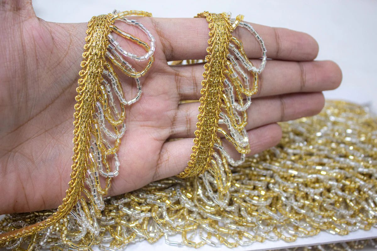 Latkan Lace In Gold & Water Gold, Cutdana - 3 Meter