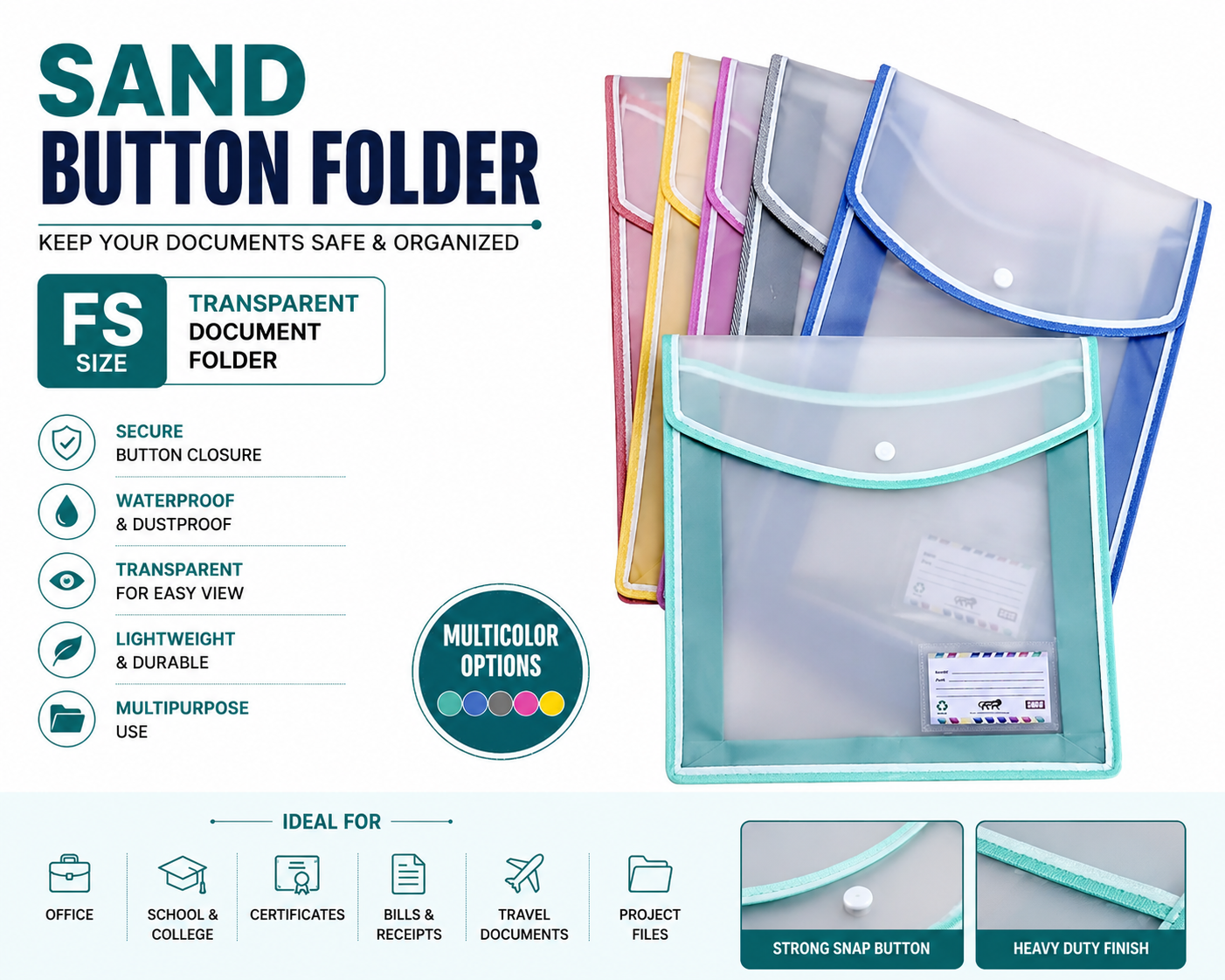 Sand Button Folder Transparent Plastic Document File with Snap Button